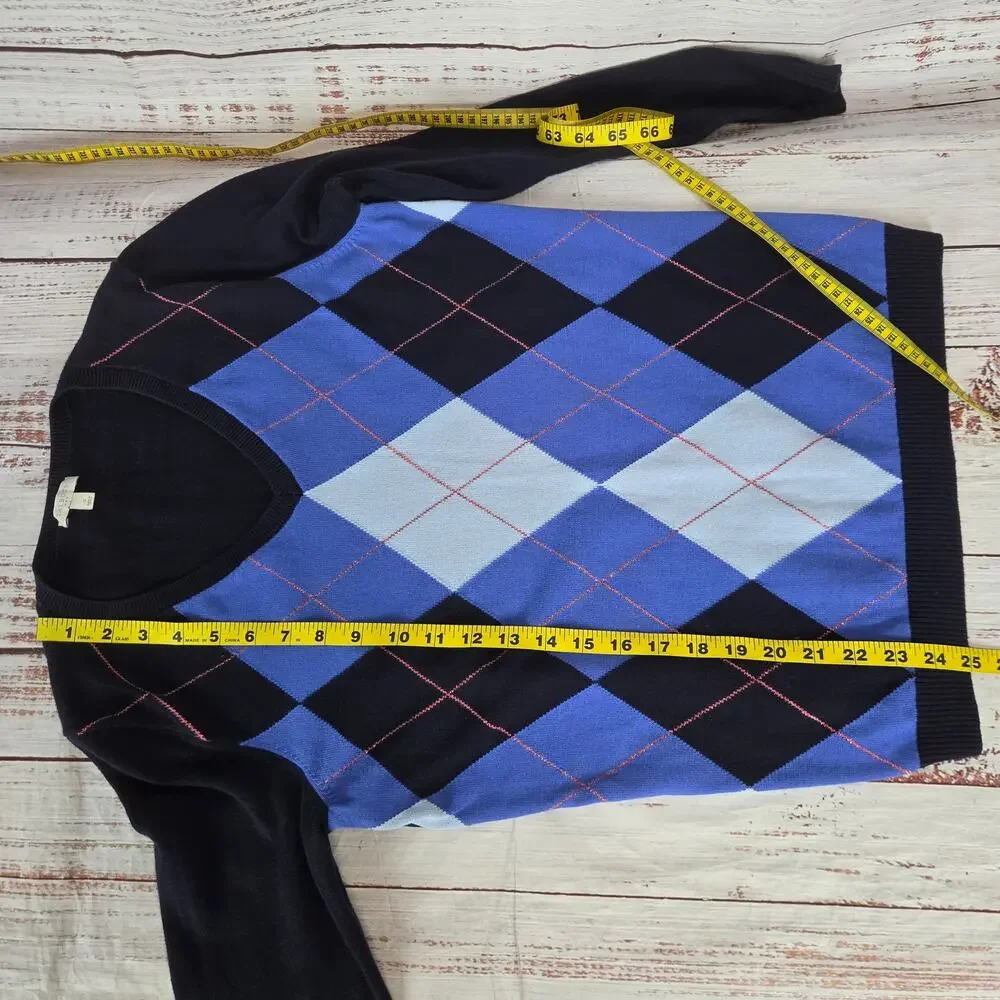Talbots Blue Argyle Long Sleeve V-Neck Sweater S Red Metallic Thred Prep Casual